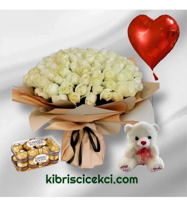 201 Beyaz Gül Buketi Ayıcık 16'lı Ferrero Çikolata Kalp Helyum Balon